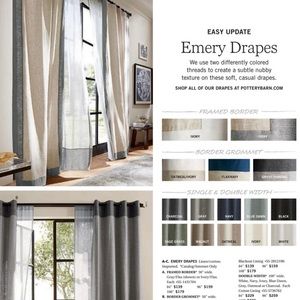 Pottery Barn Emery border drapes. 50x96. Set includes 4 panels and rings.